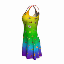 Load image into Gallery viewer,  the Garden Pests Rainbow Dress: a rainbow ombre skater style dress, printed with illustrations of different garden pests, including ear wigs, Japanese beetles, rabbits, squirrels, and more
