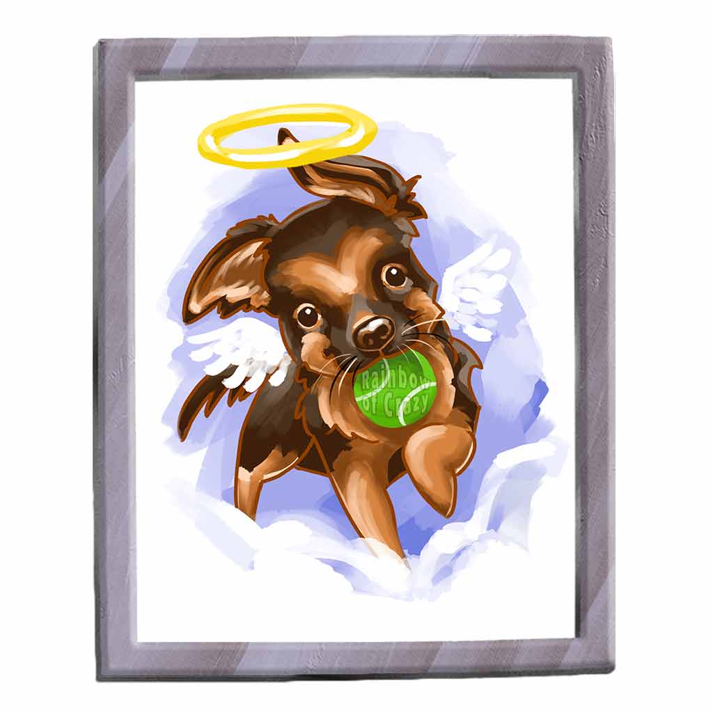 a digital illustration of a cartoon-style german shepherd dog, painted as an angel with halo and wings, holding a tennis ball in its mouth. available as an art print
