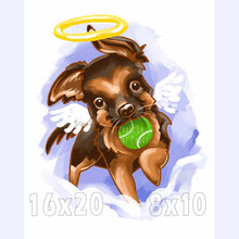 Load image into Gallery viewer, a digital illustration of a cartoon-style german shepherd dog, painted as an angel with halo and wings, holding a tennis ball in its mouth. available as an art print
