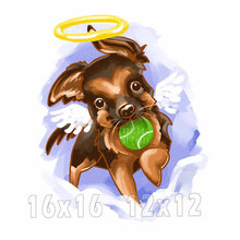 Load image into Gallery viewer, a digital illustration of a cartoon-style german shepherd dog, painted as an angel with halo and wings, holding a tennis ball in its mouth. available as an art print
