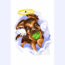 Load image into Gallery viewer, a digital illustration of a cartoon-style german shepherd dog, painted as an angel with halo and wings, holding a tennis ball in its mouth. available as an art print
