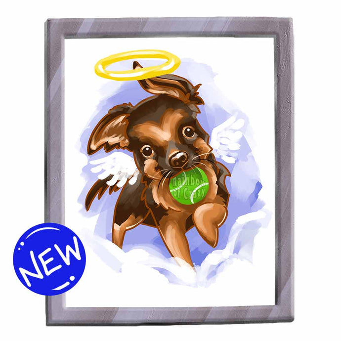 a digital illustration of a cartoon-style german shepherd dog, painted as an angel with halo and wings, holding a tennis ball in its mouth. available as an art print