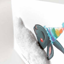 Load image into Gallery viewer, a greeting card featuring an illustration of a smiling black sheep with white fleece, wearing a rainbow party hat. its fleece is made with thick, chunky, white yarn. the front reads, &quot;Happy Birthday to Ewe!&quot;
