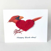 Load image into Gallery viewer, a greeting card with an illustration of a cardinal, its body made from soft red fleece fabric, cut into the shape of a heart. the card reads, &quot;Happy Bird-day!&quot;
