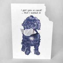 Load image into Gallery viewer, a greeting card with art of a black goldendoodle. The card reads, &quot;I got you a card! ... but I eated it&quot;. the top right corner of the card is ripped and hangs from the dog&#39;s mouth
