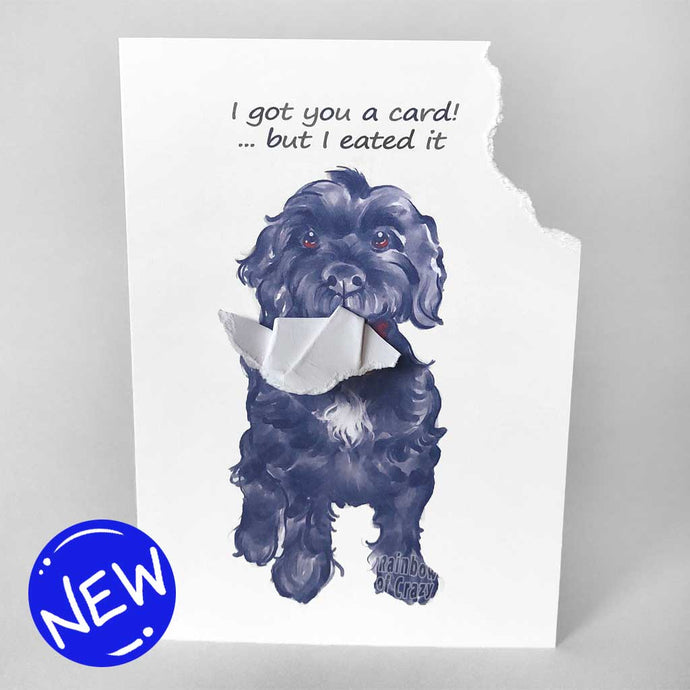 a greeting card with art of a black goldendoodle. The card reads, 