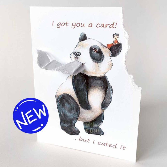 a greeting card illustrated with giant panda bear with a tiny person in a red dress, sitting on the panda's head. the top right corner of the card is ripped off and hangs from the panda's mouth. the front reads, 