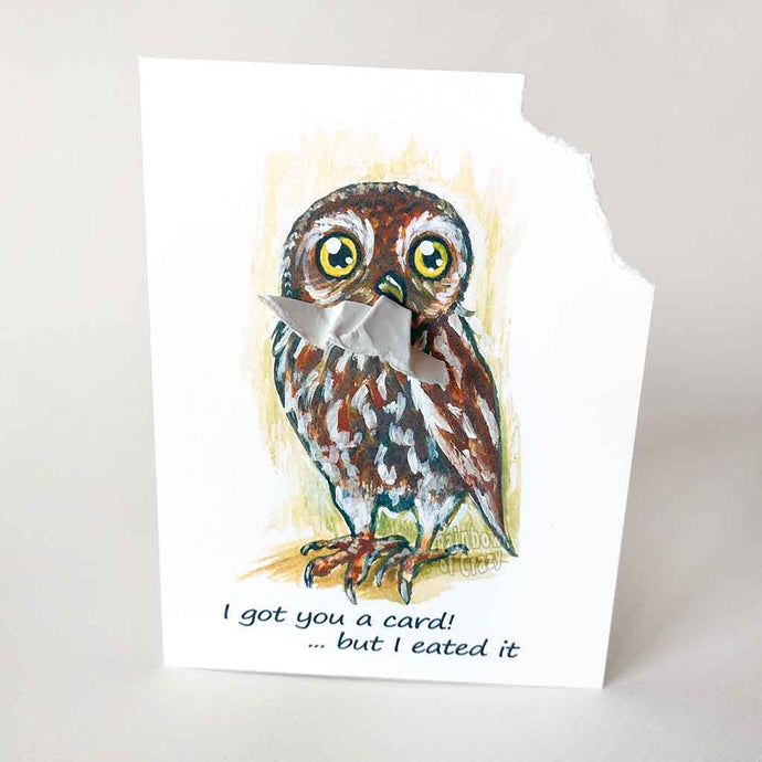 a greeting card with art of a boobook owl. The card reads, 