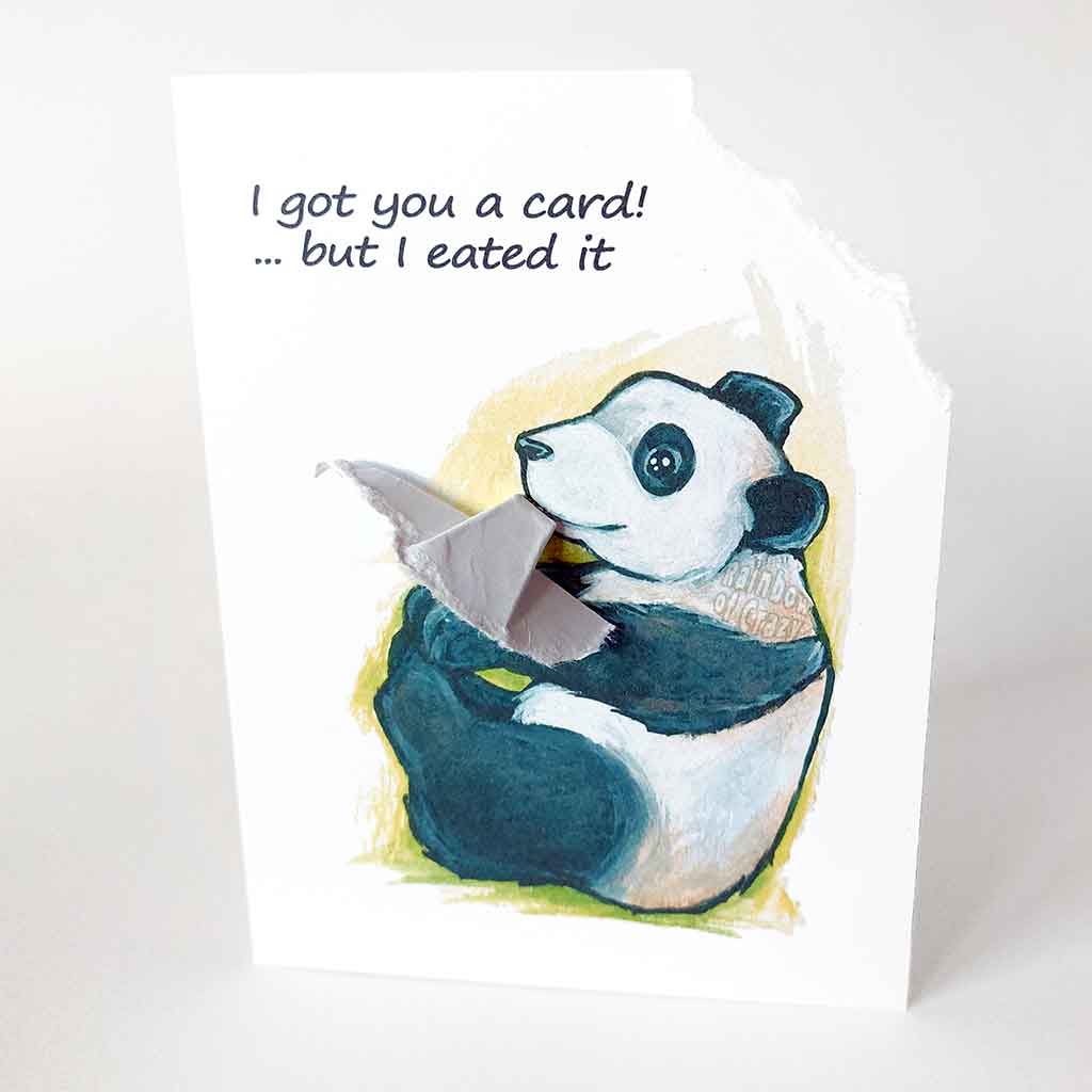 a greeting card with art of a panda bear. The card reads, 
