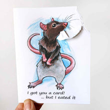 Load image into Gallery viewer, a greeting card, the front illustrated with art of a white and brown pet rat. The card reads, &quot;I got you a card! ... but I eated it&quot;. be the top right corner of the card is ripped and hangs from the rat&#39;s mouth
