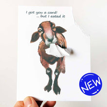 Load image into Gallery viewer, a funny greeting card with a brown and black sheep, with the top right corner of the card ripped and hanging from its mouth. the card reads, &quot;I got you a card! ... but I eated it&quot;
