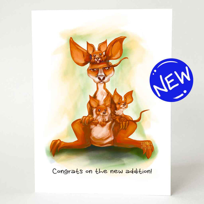 a greeting card, illustrated with a very unimpressed kangaroo, with three joeys holding on. it reads 