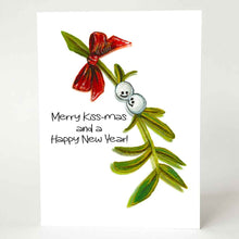 Load image into Gallery viewer, a greeting card illustrated with smiling mistletoe. the card reads,  Merry Kiss-mas and a happy new year!
