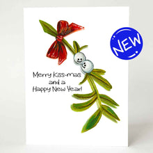 Load image into Gallery viewer, a greeting card illustrated with smiling mistletoe. the card reads,  Merry Kiss-mas and a happy new year!

