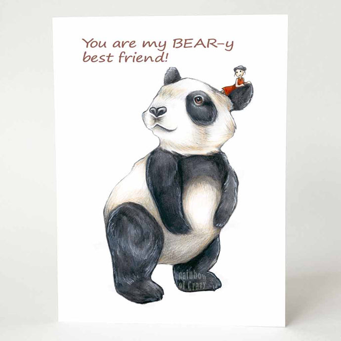 a greeting card illustrated with giant panda bear with a tiny person in a red dress, sitting on the panda's head. the front reads, 