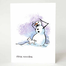 Load image into Gallery viewer, a greeting card that says &quot;feliz navidog&quot; with an illustration of a snowman, arms up, mouth agape, looking horrified, as a little white dog stands at the base of the snowman, hind leg lifted up, as if it&#39;s about to pee
