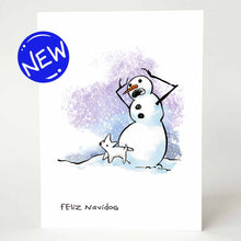 Load image into Gallery viewer, a greeting card that says &quot;feliz navidog&quot; with an illustration of a snowman, arms up, mouth agape, looking horrified, as a little white dog stands at the base of the snowman, hind leg lifted up, as if it&#39;s about to pee
