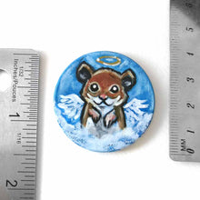 Load image into Gallery viewer, a lightweight wood disc, hand painted with a portrait of a hamster, painted as an angel with wings and a halo, sitting on the clouds against a blue sky. available as a wood keepsake or pendant necklace 
