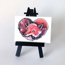 Load image into Gallery viewer, An ACEO sized painting of a red fox, curled up in the shape of a heart. 
