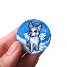 Load image into Gallery viewer, a lightweight wood disc, hand painted with a portrait of a husky dog as an angel in the clouds against a blue sky. available as a keepsake or pendant necklace
