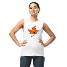 Load image into Gallery viewer, person is wearing a unisex muscle tank top in the colour white, featuring a graphic of a smiling maple leaf
