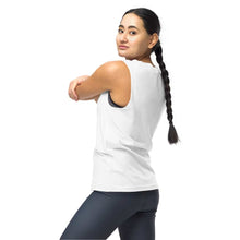 Load image into Gallery viewer, back of a person is wearing a unisex muscle tank top in the colour white
