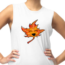 Load image into Gallery viewer, person is wearing a unisex muscle tank top in the colour white, featuring a graphic of a smiling maple leaf
