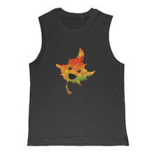 Load image into Gallery viewer, unisex muscle tank top in the colour black, featuring an illustration of a smiling maple leaf
