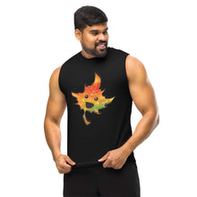Load image into Gallery viewer, person is wearing a unisex muscle tank top in the colour black, featuring a graphic of a smiling maple leaf
