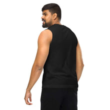 Load image into Gallery viewer, person is wearing a unisex muscle tank top in the colour black
