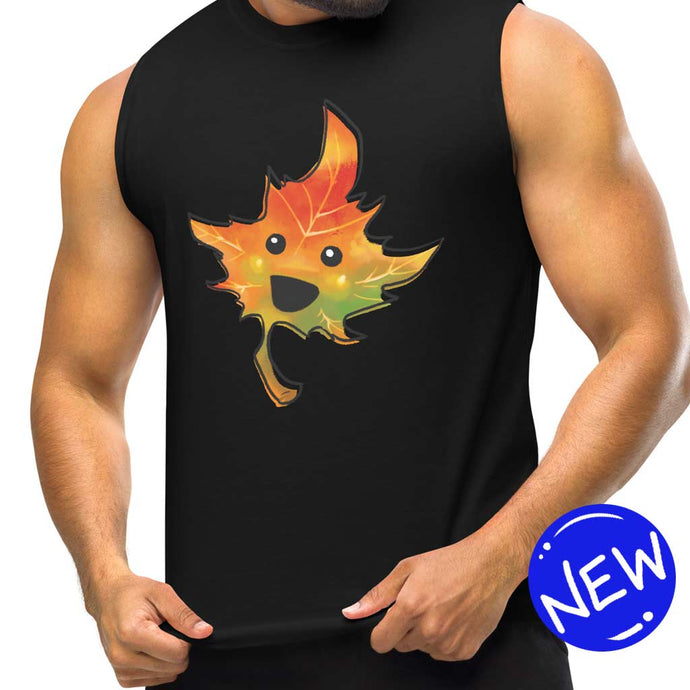 person is wearing a unisex muscle tank top in the colour black, featuring a graphic of a smiling maple leaf