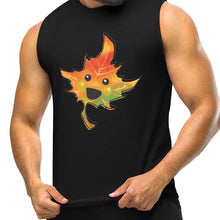 Load image into Gallery viewer, person is wearing a unisex muscle tank top in the colour black, featuring a graphic of a smiling maple leaf
