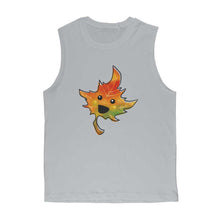 Load image into Gallery viewer, unisex muscle tank top in the colour grey, featuring an illustration of a smiling maple leaf

