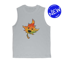 Load image into Gallery viewer, unisex muscle tank top in the colour grey, featuring an illustration of a smiling maple leaf
