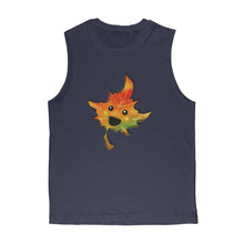 Load image into Gallery viewer, unisex muscle tank top in the colour navy blue, featuring an illustration of a smiling maple leaf
