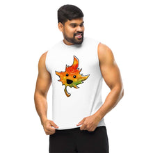 Load image into Gallery viewer, person is wearing a unisex muscle tank top in the colour white, featuring a graphic of a smiling maple leaf

