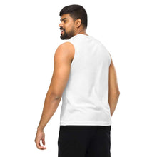 Load image into Gallery viewer, person is wearing a unisex muscle tank top in the colour white
