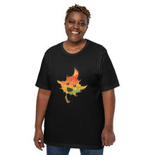 Load image into Gallery viewer, person wears a t-shirt in the colour black, featuring a smiling maple leaf
