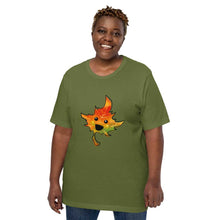 Load image into Gallery viewer, person wears a t-shirt in the colour olive green, featuring a smiling maple leaf

