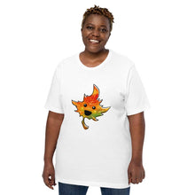 Load image into Gallery viewer, person wears a t-shirt in the colour white, featuring a smiling maple leaf
