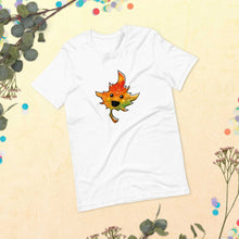 Load image into Gallery viewer,  a t-shirt in the colour white, featuring a smiling maple leaf
