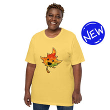 Load image into Gallery viewer, person wears a yellow t-shirt featuring a smiling maple leaf
