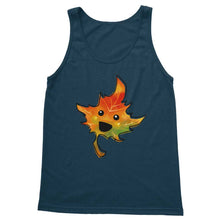 Load image into Gallery viewer, women&#39;a tank top in the colour navy blue, featuring a graphic of a smiling maple leaf
