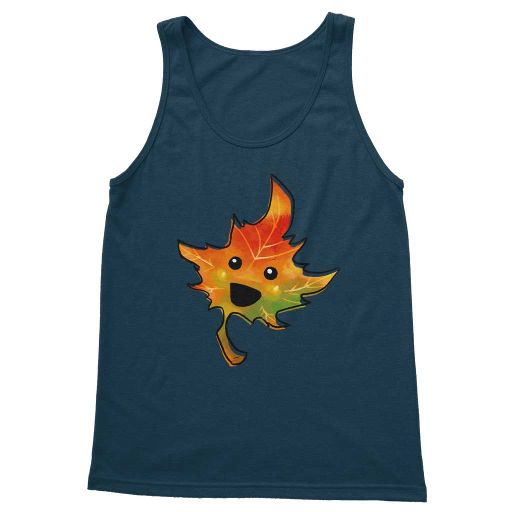 women'a tank top in the colour navy blue, featuring a graphic of a smiling maple leaf