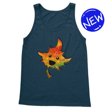 Load image into Gallery viewer, women&#39;a tank top in the colour navy blue, featuring a graphic of a smiling maple leaf
