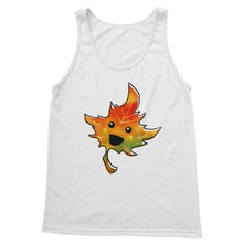 Load image into Gallery viewer, women&#39;a tank top in the colour white, featuring a graphic of a smiling maple leaf
