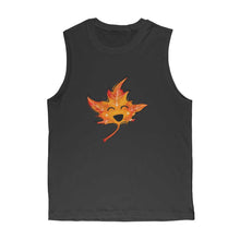 Load image into Gallery viewer, unisex muscle tank top in the colour black, featuring an illustration of a smiling maple leaf, eyes closed in joy
