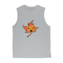 Load image into Gallery viewer, unisex muscle tank top in the colour grey, featuring an illustration of a smiling maple leaf, eyes closed in joy
