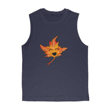 Load image into Gallery viewer, unisex muscle tank top in the colour navy blue, featuring an illustration of a smiling maple leaf, eyes closed in joy
