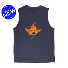 Load image into Gallery viewer, unisex muscle tank top in the colour navy blue, featuring an illustration of a smiling maple leaf, eyes closed in joy

